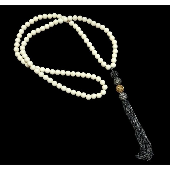 Boho Chic Stone Beaded Necklace With Metallic Rhinestone Bead And Chain Tassel - Picture 1 of 8